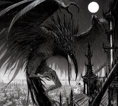 a black and white drawing of a dragon flying over a city