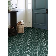 a room with a blue door and green flooring that has geometric designs on it