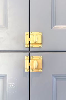 two metal doors with handles and knobs on each side, one has a gold door handle