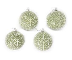 four green glass ornaments with silver wire hanging from the top, on a white background