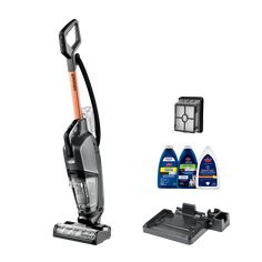 an image of a vacuum cleaner and cleaning supplies