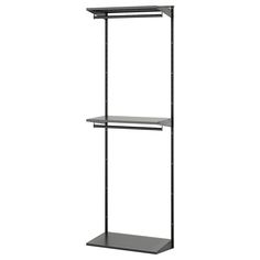 a black metal shelf with two shelves on each side and one shelf above the other