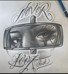 a drawing of a woman's face in a mirror with the words never back written on it