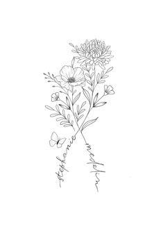 a black and white drawing of some flowers