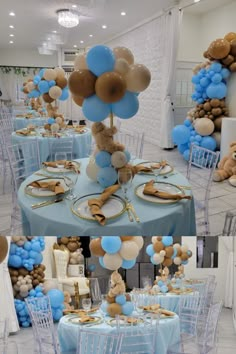 a table set up with blue and gold balloons, teddy bears, and other decorations