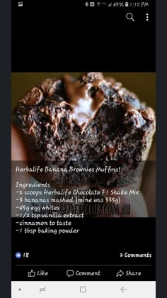 someone is holding a chocolate brownie with frosting on it and the recipe below