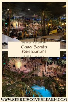 an outdoor restaurant with palm trees and water in the background, text overlay reads costa bonita restaurant cliff diving show