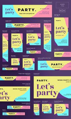 a large poster with different colors and shapes on it's sides, including the words party