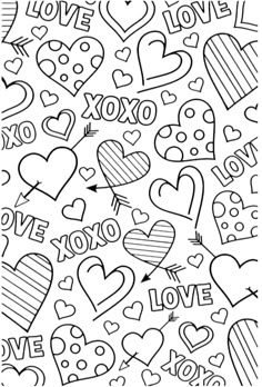 black and white valentine's day doodles with hearts on the side,