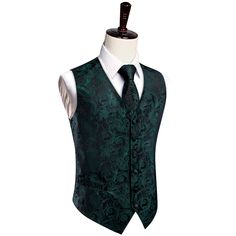 Mens Suit Vest: 5 Buttons Suit Vest+Necktie+Pocket Square+2 Cufflinks.Quality Guarantee: The vest and necktie feature 2400 stitches woven jacquard, making them exceptionally durable and long-lasting. When you touch them, you'll feel the exquisite embroidery – a quality that sets us apart from cheaper vest.Classic Design: YourTies mens waistcoat including paisley suit vest/floral suit vest/solid suit vest/tuxedo suit vest.Great Gift Idea: Every man needs a vest set for suits and tuxedos. This ves Dark Green Chambelanes Outfits, Black Suit Green Vest, Groomsmen Jeans And Vest, Green Suit Vest, Groomsmen Jeans, Green Vest Outfit, Prom Vest, Paisley Suit, Vest Tuxedo