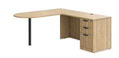 an l shaped desk with two drawers and a black metal handle on the bottom drawer