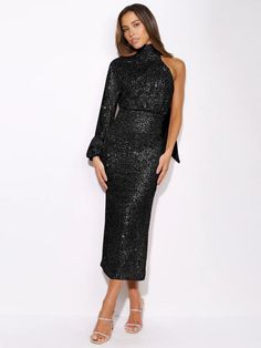 Black Off-shoulder Evening Dress For Holiday, Elegant Off-shoulder Sequin Evening Dress, One-shoulder Evening Dress For Gala Party, Elegant One Shoulder Contrast Sequin Dress, Off-shoulder Cocktail Evening Dress, Off-shoulder Evening Dress For Cocktail Parties, Elegant One-shoulder Contrast Sequin Dress, Off-shoulder Holiday Evening Dress, Elegant One-shoulder Dress With Contrast Sequin