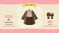 an animal crossing character's clothing is shown in this screenshot from the game cozy warm