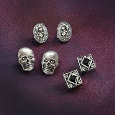 Elvira's Gothic Earring Trio Silver Studs Jewelry For Party, Silver Stud Jewelry For Parties, Metal Studs Jewelry As Gift, Metal Studs Jewelry For Gifts, Silver Objects, Earrings Gothic, Jewelry Cleaning Solution, Gothic Earrings, Skull Earrings