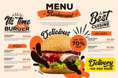 a menu for a restaurant with burgers on it