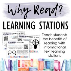 a poster with the words, why read? learning stations and an image of books