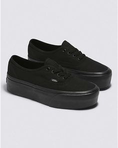 Authentic Stackform Shoe Black Bobs Shoes, Playtform Vans, Vans Platform Black, Vans Classic Slip On Stackform, Women Platform Vans, Platform Vans Slip On, Black Platform Vans, Platforms Aesthetic, All Black Vans