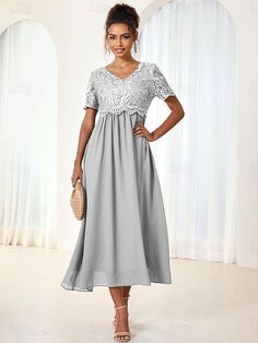 Women's Wedding Guest Cocktail Dress Maxi Dress Contrast Lace Party Elegant Formal V Neck Short Sleeve Pink Green Gray Color 2024 - $41.99 Short Waisted Women, Cheap Elegant Dresses, Wedding Guest Cocktail Dress, Mother Of Groom Dress, Short Waisted, Women's A Line Dresses, Plain Dress, Trendy Fashion Tops, Mother Of Groom