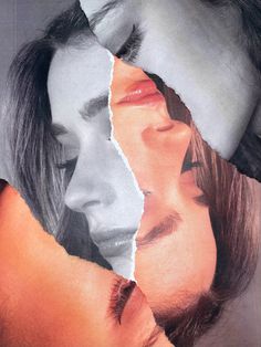 two people with their faces split in half and one woman's face is visible through the torn paper