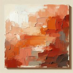 an abstract painting with oranges, browns and white colors on a beige background is shown