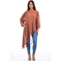 Mock Collar Long Sleeve Chiffon Top (S-3XL) - S / Brown Black Jumpsuit Dress, Curvy Lingerie, Chiffon Material, Curvy Dress, Crop Top Sweater, Asymmetrical Design, Basic Tops, Chiffon Top, Chiffon Tops