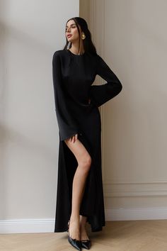 Fabric: Satin Cotton 50%, Polyester 50% Long sleeve Backless Tie detail at the back Thigh slit Maxi length Long Black Satin Dress, Black Long Sleeve Gown, Long Sleeve Open Back Dress, Backless Black Dress, Black Floor Length Dress, Backless Evening Gowns, Prom 2025, Black Backless Dress, Backless Maxi Dress