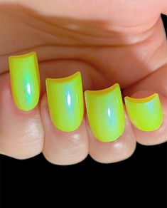 "♥ Glowing Wild looks like a highlighter!!  It's a beautiful Neon Yellow with a striking blue/green glow/shimmer throughout this polish. It looks different in all different lighting situations... indoors and outdoors!  * STEPS TO USING OUR Regular Nail POLISHES *  This polish requires 2 to 3 thick coats to achieve your desired look without a basecoat.  This polish is very smooth to the touch. Always finish your manicure with a great top coat! Be sure to check out our top coats to finish off thes Ocean Blue Nails, Cosmetic Grade Glitter, Green Nail Designs, Glow Nails, Pop Collection, Neon Glow, Hairdos For Curly Hair, Artificial Nails, Neon Yellow