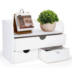 a small potted plant sitting on top of a white desk with drawers underneath it