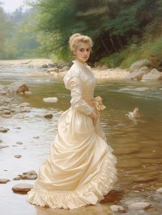 a painting of a woman in a white dress standing on rocks next to a river