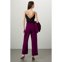 Purple crepe (100% Polyester). Lining (100% Polyester). Pants. Front zipper fly with button closure. 29" inseam. 13" rise. Imported. Wine Colored Pants, Polyester Pants, Rent The Runway, Colored Pants, Closet Designs, Suit Pants, Wine Colored, Silk Top, Front Zipper