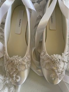 Brides White Wedding Flats,satin OFF-WHITE Shoes Lace Applique With Pearls Lace up Ribbon Ballet Style Slipper, Comfortable Wedding Shoes - Etsy White Flat Heel Wedding Shoes, Elegant Flat White Wedding Shoes, Silver Open Toe Wedding Shoes, Flat Wedding Shoes, White Ballet Flats, Comfortable Wedding Shoes, Royalty Fashion, Ivory Shoes, White Flat Shoes