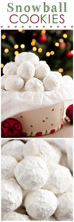 a white bowl filled with snowballs on top of a table next to a christmas tree