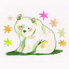 a drawing of a polar bear sitting in the grass surrounded by star shaped stars on a white background