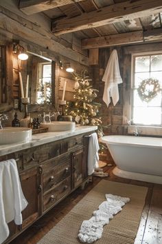 a rustic bathroom decorated for the holidays