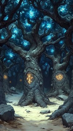 a painting of trees with glowing eyes in the woods at night, surrounded by rocks and boulders