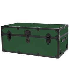 a large green trunk sitting on top of a white floor next to a black handle