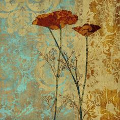 two red flowers on a brown and blue background