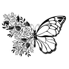 a black and white butterfly with flowers