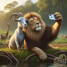 a painting of two animals one is holding up a cell phone and the other is taking a selfie