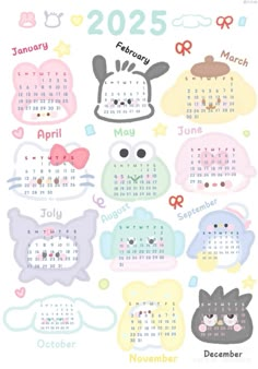 a calendar with cute animals on it and the date for each month in different colors