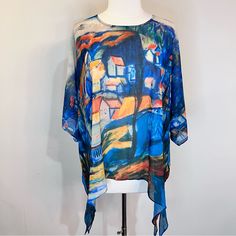 New Jade Oversized Dolman Sleeve Abstract Top. Sheer Scoop Neck, Bottom Hem Longer On Both Sides That Can Be Tied; Blue Color; Is Really A Great, Fun Piece Of Art, Very Figure Flattering. Size S/M Oversized Measures: 33” Armpit To Armpit, 27” From Shoulder To Hem. Smoke Free House Oversized Blue Blouse For Day Out, Spring Blue Oversized Blouse, Oversized Blue Blouse For Vacation, Casual Blue Blouse With Batwing Sleeves, Casual Blue Batwing Sleeve Blouse, Oversized Blue Top For Vacation, Oversized Blue Blouse With Batwing Sleeves, Oversized Multicolor Batwing Sleeve Tops, Spring Blue Tops One Size