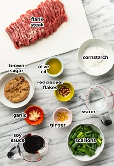 the ingredients to make steak are shown in bowls