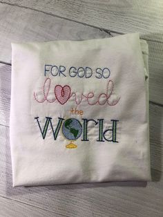 This shirt has such a beautiful message to share with children. For God so loved the world! We use boutique quality shirts from ARB Blanks or Blossom Blanks depending on availability. All of our embroidered shirts feature Cloud Cover on the back side to protect your child's skin for a rough surface. Available Shirt Sizes:  Basic T or Ruffle T 12 months through 12 See pictures for sizing charts. Need something a little different? Message us to discuss options. Care Instructions: - Wash in cold wa Monogram Baby Blanket, Embroidered Shirts, God So Loved The World, Keepsake Gifts, Baby Monogram, Applique Shirts, For God So Loved The World, John 3, Top Baby Products