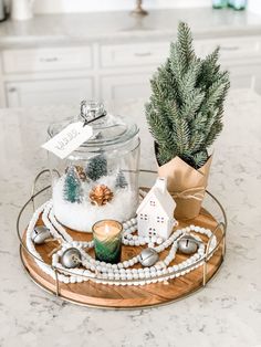 a tray with a potted plant, candle and other decorations on top of it