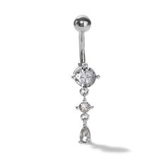 All about the bling, this belly button ring has three sparkling CZs that bring the shine. Made in surgical-grade stainless steel. Stone: Cubic Zirconia Stone Size: 5 mm, 4 mm, 3 mm Gauge: 14 Fits belly button piercings. Dangling Belly Button Rings, Belly Button Piercings, Belly Piercing Ring, Heart Piercing, Belly Button Jewelry, Belly Jewelry, Piercing Ring, Belly Piercing, Belly Button Ring