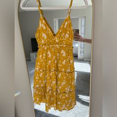 Never Worn. Beautiful, Flattering Summer Dress. Double Lined But Lightweight. Has Adjustable Straps. Perfect For Everyday, A Night Out, Or Vacation. Yellow Summer Mini Dress For Vacation, Yellow Sundress Mini Length, Yellow Mini Dress For Beach, Yellow Mini Dress For The Beach, Mustard Sundress Mini Dress, Yellow Sundress With Ruffles And Spaghetti Straps, Yellow Spaghetti Strap Mini Dress For Brunch, Yellow Summer Mini Dress, Yellow Mini Sundress For Vacation