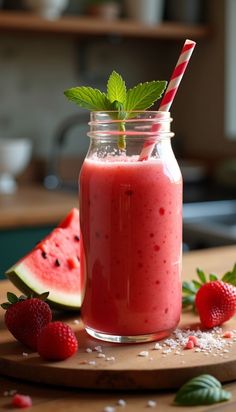 a watermelon smoothie in a mason jar with strawberries and mint