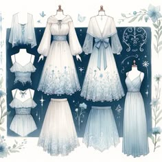 an illustration of four dresses with bows on the shoulders and back, all in white