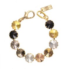 This Midori Bracelet is the perfect accompaniment to any outfit. Crafted with antique gold plated brass and high quality crystals, you'll be feeling like royalty. Whether you're looking for a little something extra or a statement piece, you'll love what this 6.25" stunner brings to the table! With a guaranteed Canadian quality, it's a no-brainer. Gold-tone Link Charm Bracelet, Crystal Bra, Luxury Gold-tone Metal Bracelets, Luxury Gold-tone Charm Bracelet, Gold-tone Metal Link Charm Bracelet, Childrens Shop, Swarovski Bracelet, Stone Gold, Best Wear