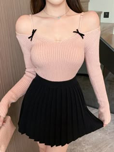 Women's Solid Color Simple Casual Open Shoulder Bowknot Sweater Pink Casual  Long Sleeve Knitwear Plain Pullovers Medium Stretch Spring/Fall Women Clothing, size features are:Bust: ,Length: ,Sleeve Length: Soft Girl Fashion, Clothes Practice, Cute Korean Outfits, Fashion Style Aesthetic, Black Outfit Ideas, Coquette Clothing, Pull Rose, Soft Girl Clothes, Effortless Hairstyles